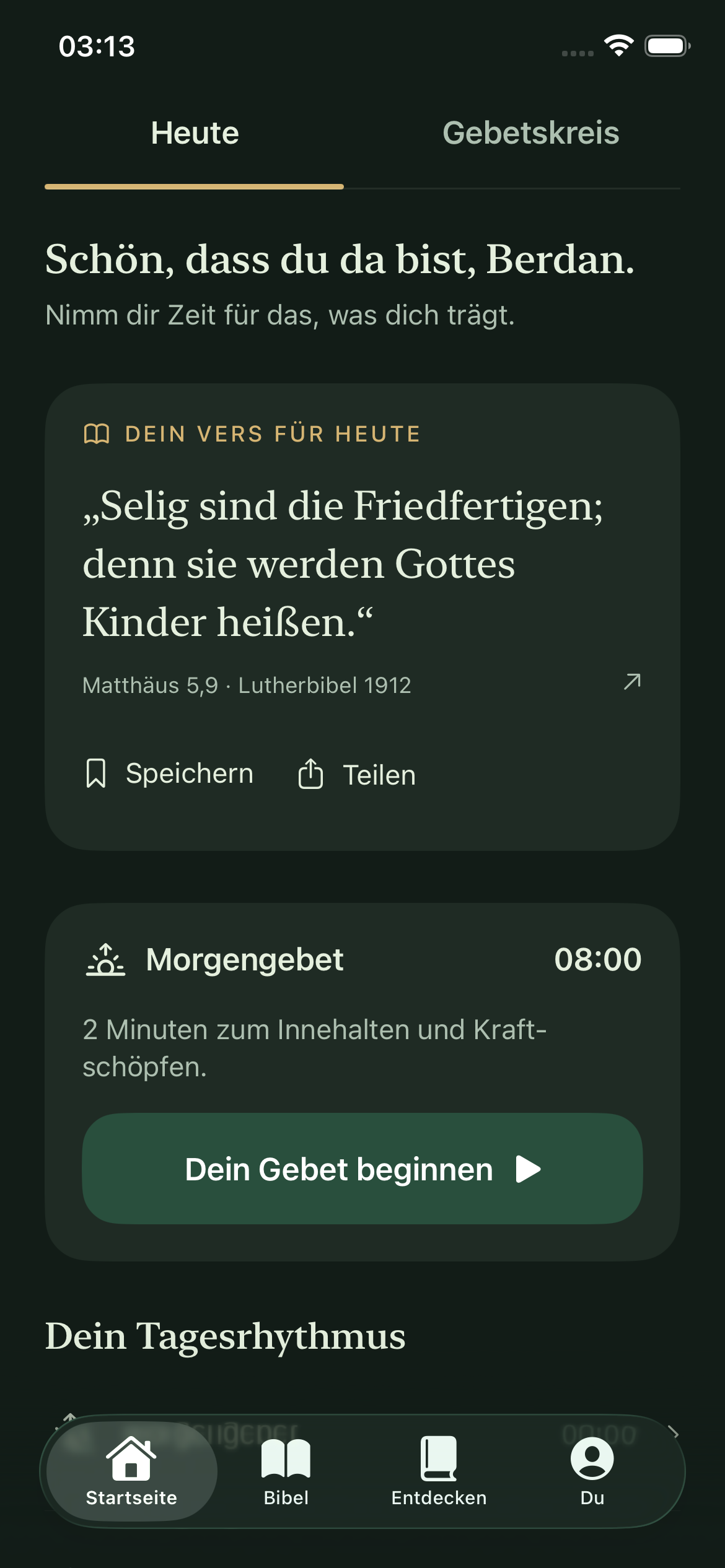 DailyAmen auf dem iPhone: persönliche Begrüßung, dein Vers für heute und deine Gebetszeit.